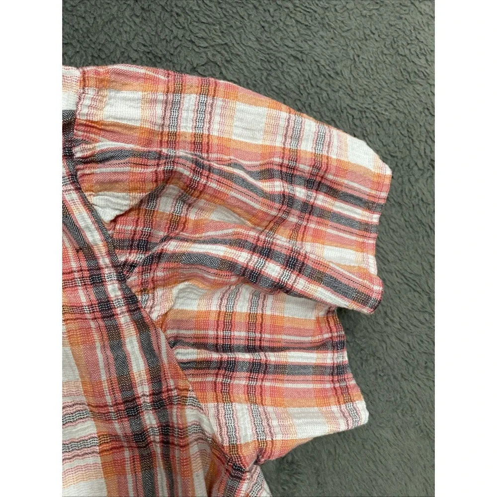 Loft Plaid Cotton Blouse Shirred Neck Puff Sleeve Button Back Orange Red M